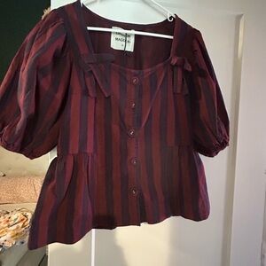Damson Madder Burgundy and Navy Striped Harriet Peplum Blouse